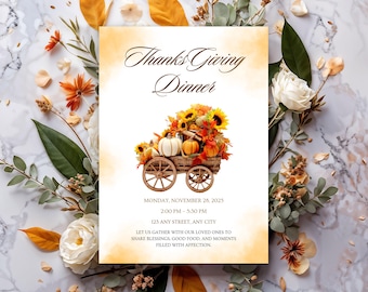 Thanksgiving Dinner Invitation, Pumpkin Cart Design (Digital Download)
