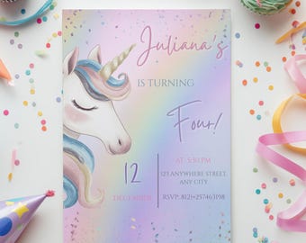 Unicorn Birthday Invitation, Magical Pastel Rainbow Unicorn Party, Canva Template, Instant Download.