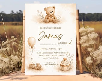 Teddy Bear Birthday Invitation, Minimal Neutral Baby Invite, First Birthday Template, Instant Download.