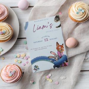 May include: A light blue birthday party invitation with the text "Liam's Birthday Party" and the date "January 12". The invitation features cartoon characters and is surrounded by cupcakes and confetti.