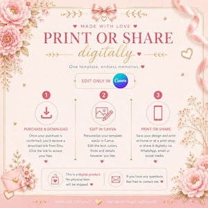 May include: A digital template design with a soft pink and cream color scheme. The text reads "PRINT OR SHARE digitally" and includes instructions for purchase, editing in Canva, and printing. Floral and ribbon accents add a decorative touch.