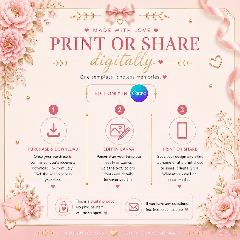 May include: A digital template design with a soft pink and cream color scheme. The text reads "PRINT OR SHARE digitally" and includes instructions for purchase, editing in Canva, and printing. Floral and ribbon accents add a decorative touch.