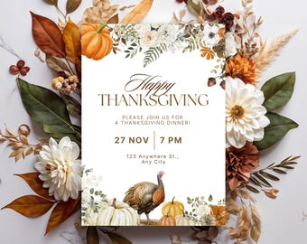 Thanksgiving Dinner Digital Invitation TEMPLATE, Autumn invitation with turkey, “Let us give thanks”.
