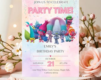 Editable Trolls Invitation, Printable Trolls Birthday Template, Kids Party Invite, Instant Download.