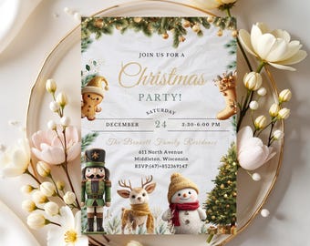 Gold Christmas Party Invitation, Elegant Simple Christmas Template Editable, Instant Download.