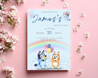 Bluey Dog Birthday Party Invitation Template , Editable Kids Dog Invite, Instant Download.