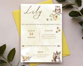 Woodland Animals Birthday Invitation, Boho Evite Woodland Party Invite, Instant Download.