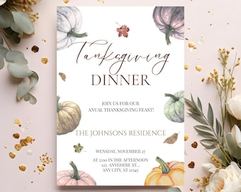 Editable template for Thanksgiving dinner invitation, invitation to a pumpkin party with friends, instant download