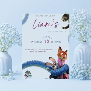 May include: A light blue birthday party invitation with the text "Liam's Birthday Party". The invitation features cartoon characters and the date "Saturday 12 January". Includes RSVP information.