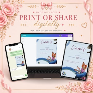 May include: A digital invitation design featuring a birthday party theme, displayed on a laptop, tablet, and smartphone. The invitation includes the text "Liam's Birthday Party" and the date "Saturday 12 January". The design is surrounded by pink floral decorations.