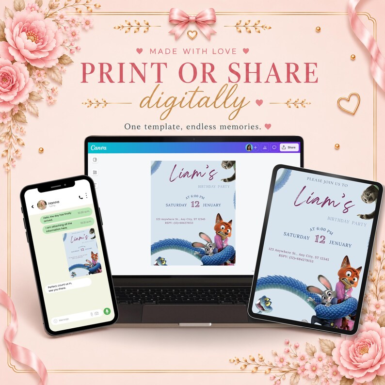 May include: A digital invitation design featuring a birthday party theme, displayed on a laptop, tablet, and smartphone. The invitation includes the text "Liam's Birthday Party" and the date "Saturday 12 January". The design is surrounded by pink floral decorations.