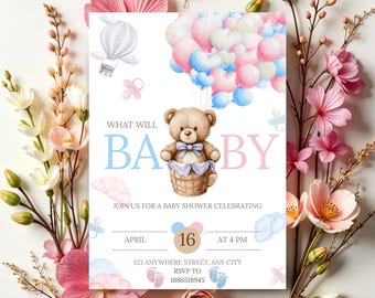Editable Bear Balloon Baby Shower Invitation, We Can Bearly Wait Baby Invite, Instant Download.