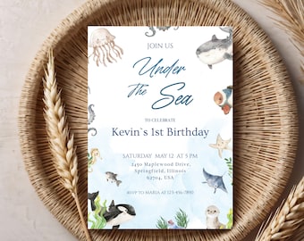 Under The Sea Birthday Invitation, Ocean Animals Party, Ocean Kids Invite, Instant Download.