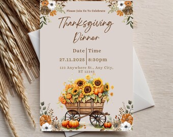 Invitation to the “Let's Give Thanks” fall party, invitation Thanksgiving with friends, editable Canva template.