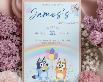 Bluey Dog Birthday Party Invitation Template , Editable Kids Dog Invite, Instant Download.