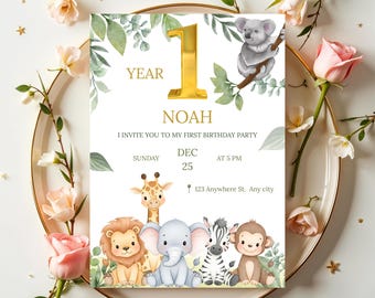 Wild One 1st Birthday Invitation Safari Animal, Birthday Template, Jungle Party Invite, Instant Download.