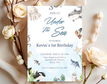 Under The Sea Birthday Invitation, Ocean Animals Party, Ocean Kids Invite, Instant Download.