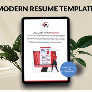 Op de afbeelding: Een digitale tablet toont een modern cv-sjabloon met de tekst "Modern Resume Template". Het scherm toont een checklist voor sollicitatiebeoordeling en een cv-voorbeeld. Het ontwerp is ATS-vriendelijk en volledig aanpasbaar.