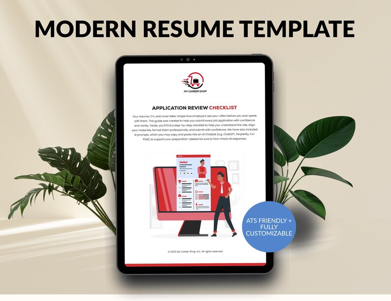 Op de afbeelding: Een digitale tablet toont een modern cv-sjabloon met de tekst "Modern Resume Template". Het scherm toont een checklist voor sollicitatiebeoordeling en een cv-voorbeeld. Het ontwerp is ATS-vriendelijk en volledig aanpasbaar.