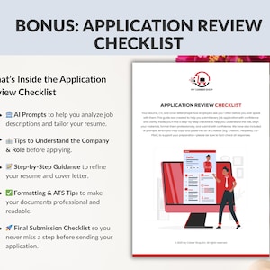 Op de afbeelding: Een wit document getiteld "APPLICATION REVIEW CHECKLIST" met een rode computergrafiek. Het document bevat een checklist met tips voor het verfijnen van cv's en sollicitatiebrieven, opmaak en definitieve indiening. De tekst bovenaan luidt "BONUS: APPLICATION REVIEW CHECKLIST".