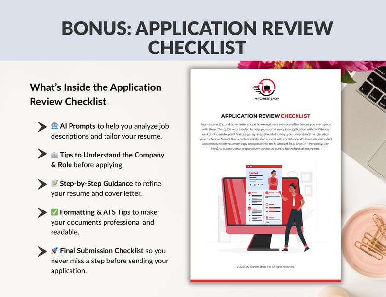 Op de afbeelding: Een wit document getiteld "APPLICATION REVIEW CHECKLIST" met een rode computergrafiek. Het document bevat een checklist met tips voor het verfijnen van cv's en sollicitatiebrieven, opmaak en definitieve indiening. De tekst bovenaan luidt "BONUS: APPLICATION REVIEW CHECKLIST".