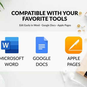Op de afbeelding: Afbeelding met de tekst "COMPATIBEL MET UW FAVORIETE TOOLS" en logo's voor Microsoft Word, Google Docs en Apple Pages. De logo's staan op een witte achtergrond met kantoorbenodigdheden.