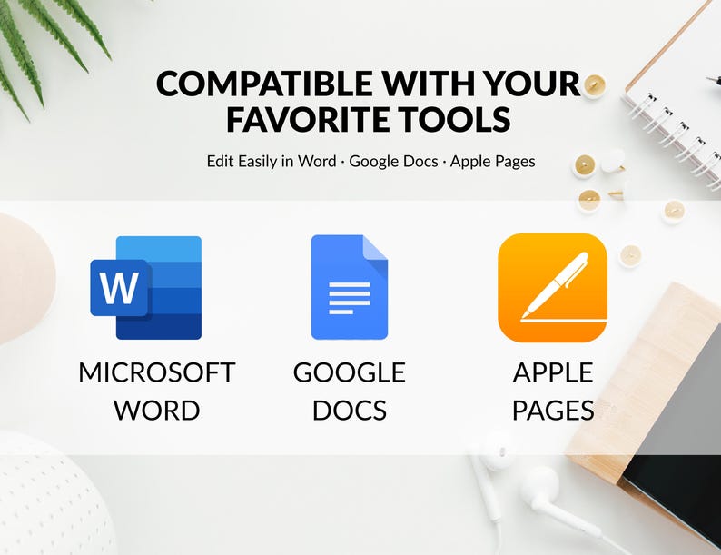 Op de afbeelding: Afbeelding met de tekst "COMPATIBEL MET UW FAVORIETE TOOLS" en logo's voor Microsoft Word, Google Docs en Apple Pages. De logo's staan op een witte achtergrond met kantoorbenodigdheden.