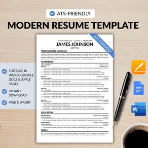 May include: A modern resume template with the text "ATS-FRIENDLY" and "MODERN RESUME TEMPLATE". The resume is on a wooden surface with a pen, coffee cup, and icons for editing and downloading. The resume includes sections for experience, education, and skills.
