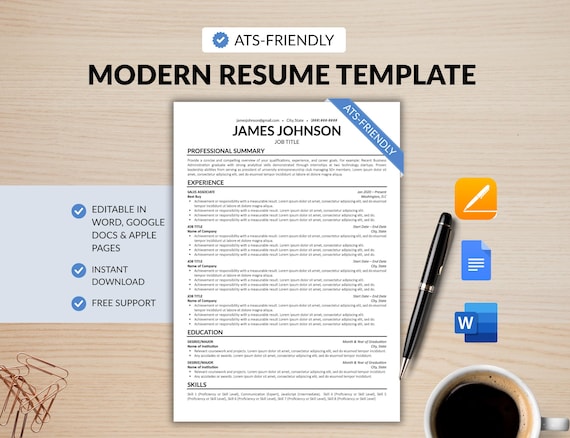 Clean ATS Resume Template, Two Page CV For Word, Google Docs Or Apple Pages