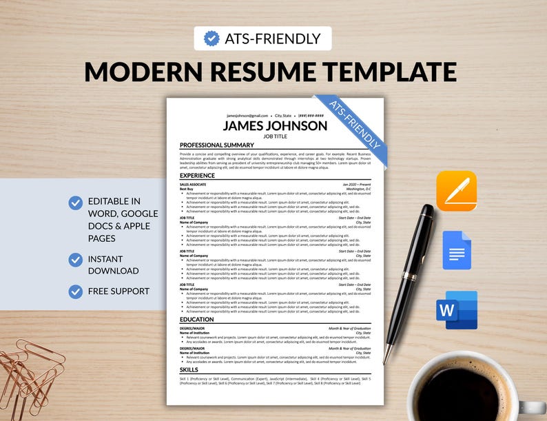 Op de afbeelding: Een modern cv-sjabloon met de tekst "ATS-FRIENDLY" en "MODERN RESUME TEMPLATE". Het cv ligt op een houten oppervlak met een pen, een koffiekopje en pictogrammen voor bewerken en downloaden. Het cv bevat secties voor ervaring, opleiding en vaardigheden.