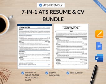 7-in-1 ATS CV-bundel voor Word, Google Docs of Apple Pages, cv's van één en twee pagina's