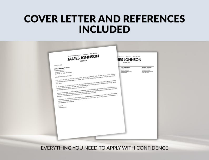 Op de afbeelding: Twee witte vellen papier met tekst, &eacute;&eacute;n met een sollicitatiebrief en de andere met referenties. De tekst "COVER LETTER AND REFERENCES INCLUDED" staat bovenaan. De tekst "EVERYTHING YOU NEED TO APPLY WITH CONFIDENCE" staat onderaan.
