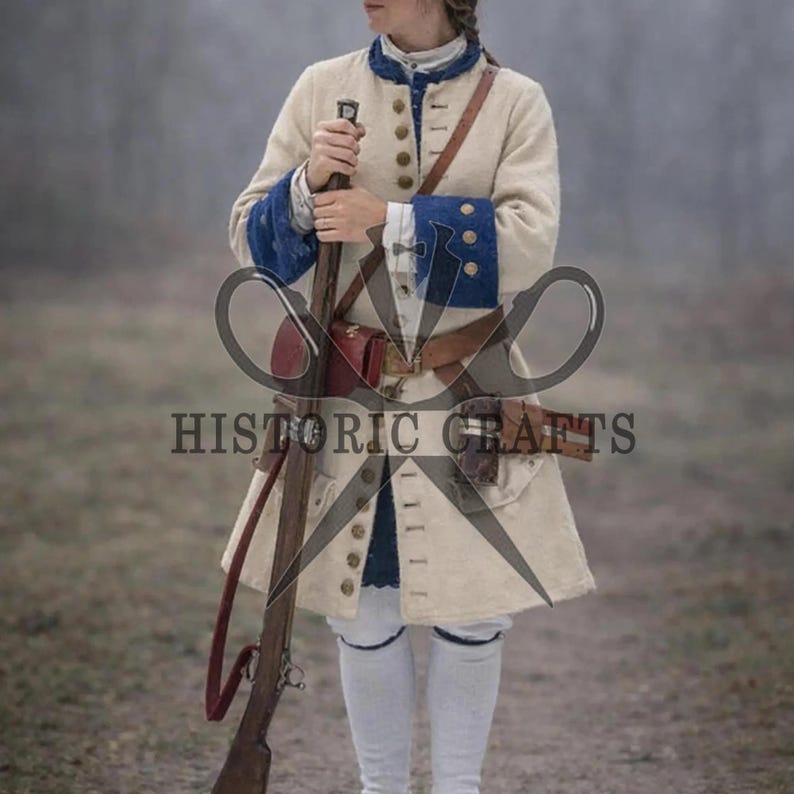 Colonial military coat, Colonial frock coat, Revolutionary war coat, Military frock coat, Colonial uniform coat, 18th century coat, Historical military coat
American revolution coat, Colonial reenactment coat, Revolutionary war uniform, Military reenactment coat, Colonial costume coat, Vintage military jacket, Historical costume coat, Officer frock coat, Colonial army uniform
Revolutionary costume, Period military coat, Historical menswear, Civil war style coat, front view