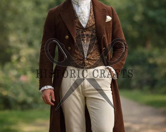 Victoriaans bruin-wollen kostuum: gothic steampunk fashion, historische geklede herenjas