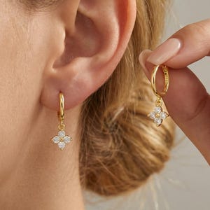 18K Gold Clover Charm Hoop Earring,925 Sterling silver Dainty CZ Flower Huggie Hoop Earring, Minimalist Gold Drop Earring for Women