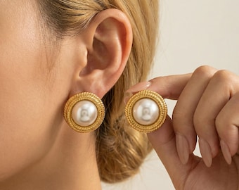 18K Gold Pearl Stud Earrings, Vintage Statement Earrings, Textured Round Earrings, Waterproof Hypoallergenic Gift for Her