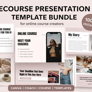 Puede incluir: Un paquete de plantillas de presentación para creadores de cursos en línea. El diseño presenta un fondo rosa claro con varios diseños, incluyendo texto e imágenes. El texto incluye "ECOURSE PRESENTATION TEMPLATE BUNDLE" y "100% EDITABLE".
