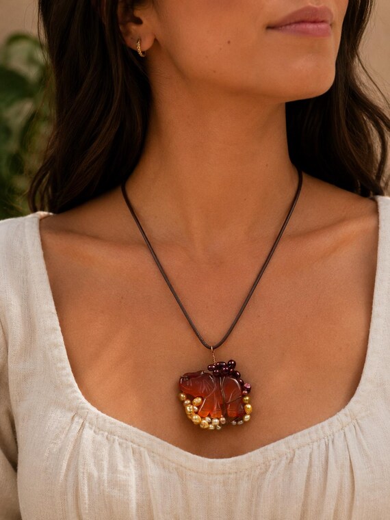 Carnelian Elephant Pendant with Freshwater Pearls | Handmade Jewelry