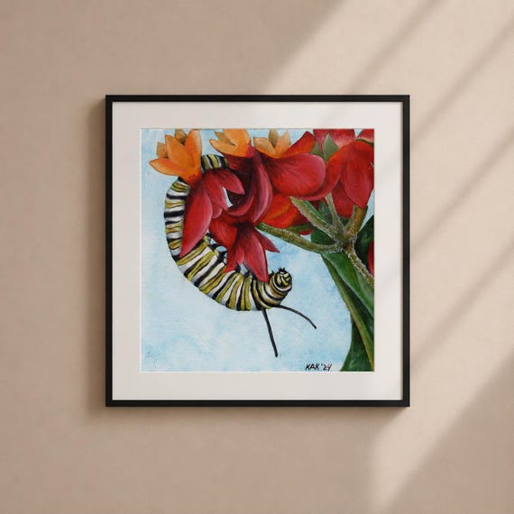 Colorful Monarch Caterpillar Painting - Matted Print