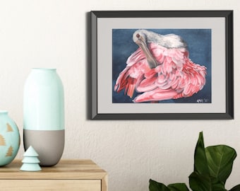 Preening Spoonbill Painting - Matted Print | Wall Art | Wildlife Art | Nature Decor | Bird Lover Gift