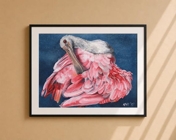 Preening Spoonbill Painting - Matted Print | Wall Art | Wildlife Art | Nature Decor | Bird Lover Gift
