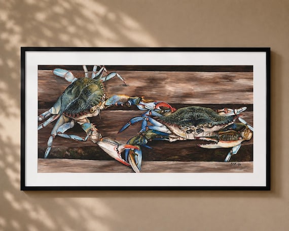 Louisiana Crabs on Dock Watercolor Painting - Matted Print