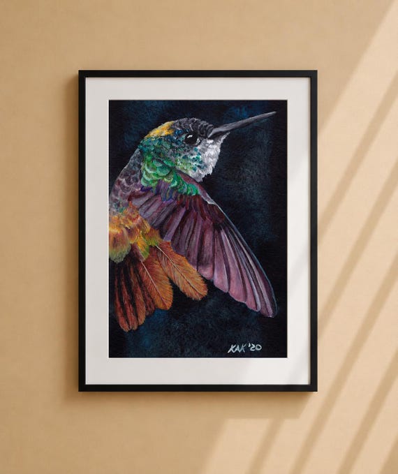 Purple Winged Hummingbird Art – Matted Wildlife Print