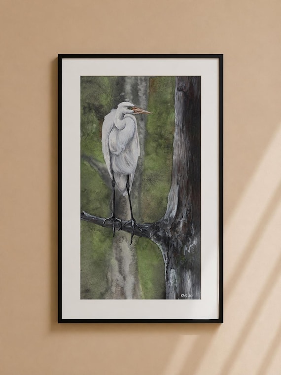 Watercolor Egret Art Print – Matted Wildlife Wall Decor
