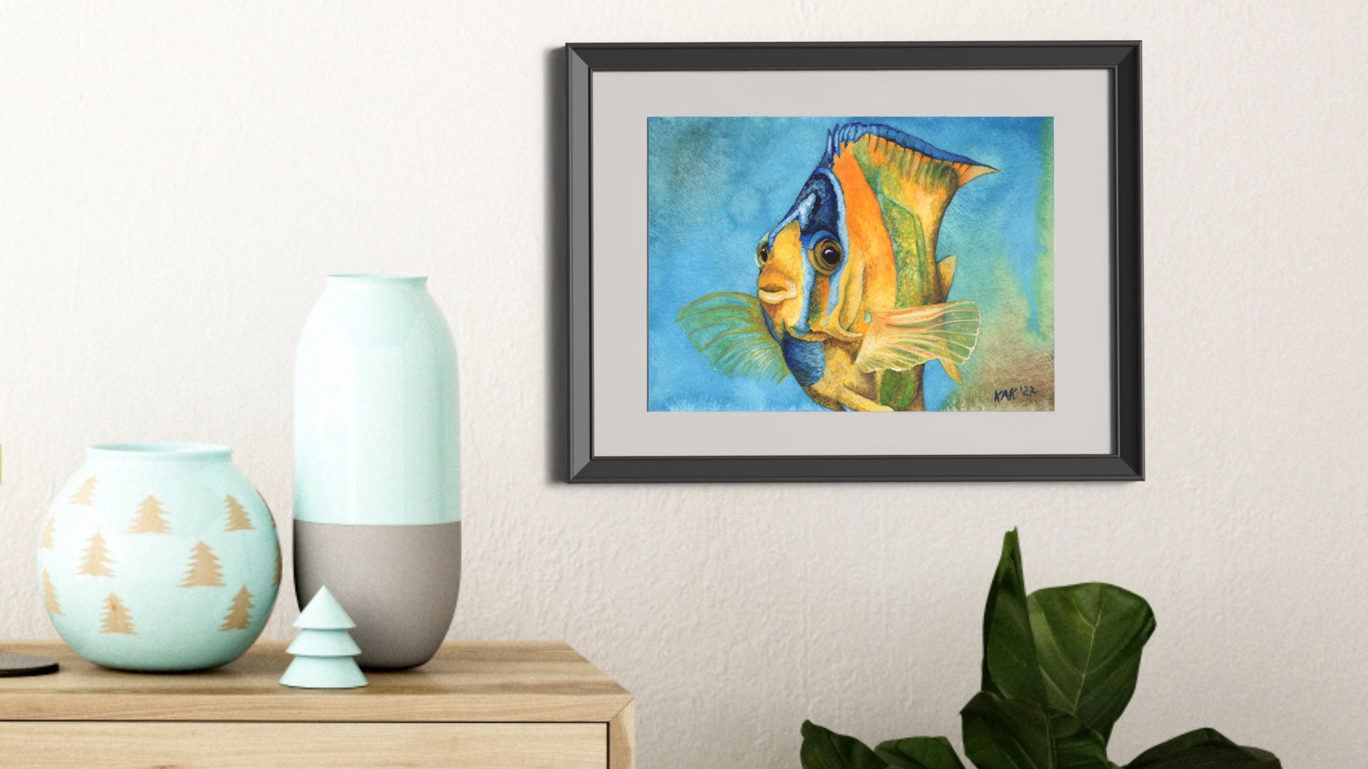 Colorful Queen Angelfish Painting - Matted Print | Wall Art | Wildlife Art | Deep Sea Theme | Coastal Home Decor