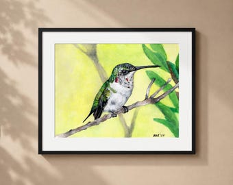 Hummingbird Painting - Matted Print  | Wildlife Art | Home Decor