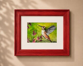 Original Hummingbird Painting Framed 4x6 Wildlife Art with Gallery Glass | Hummingbird and Red Flower Watercolor | Nature Lover Gift