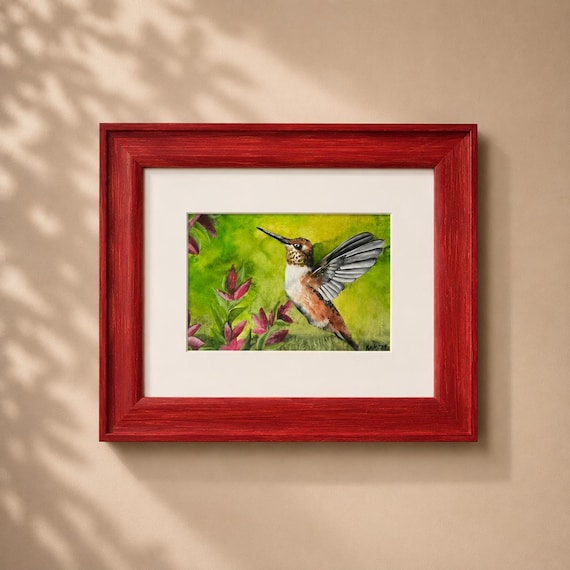 Original Hummingbird Painting Framed 4x6 Wildlife Art with Gallery Glass | Hummingbird and Red Flower Watercolor | Nature Lover Gift