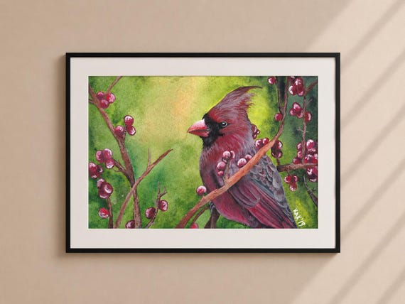 Red Cardinal Matted Print – Wildlife Art, Bird Lover Gift