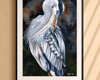 Blue Heron Painting - Matted Wildlife Art Print, Nature Decor, Wall Art